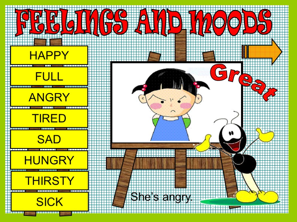 FEELINGS AND MOODS HAPPY FULL ANGRY TIRED SAD HUNGRY THIRSTY SICK Great She’s angry.